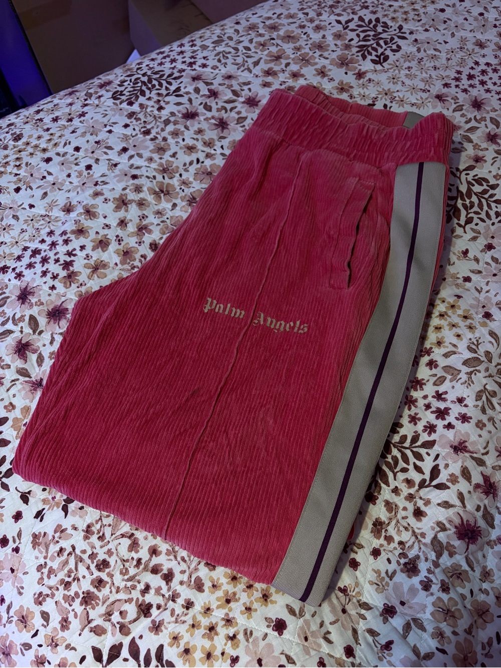 Palm Angels Pink Corduroy Track Joggers with Gray Side Stripe - XXL
